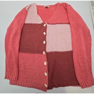 Cynthia Taylor Womens Medium Patchwork Cardigan Sweater 100% Acrylic Pink & Red